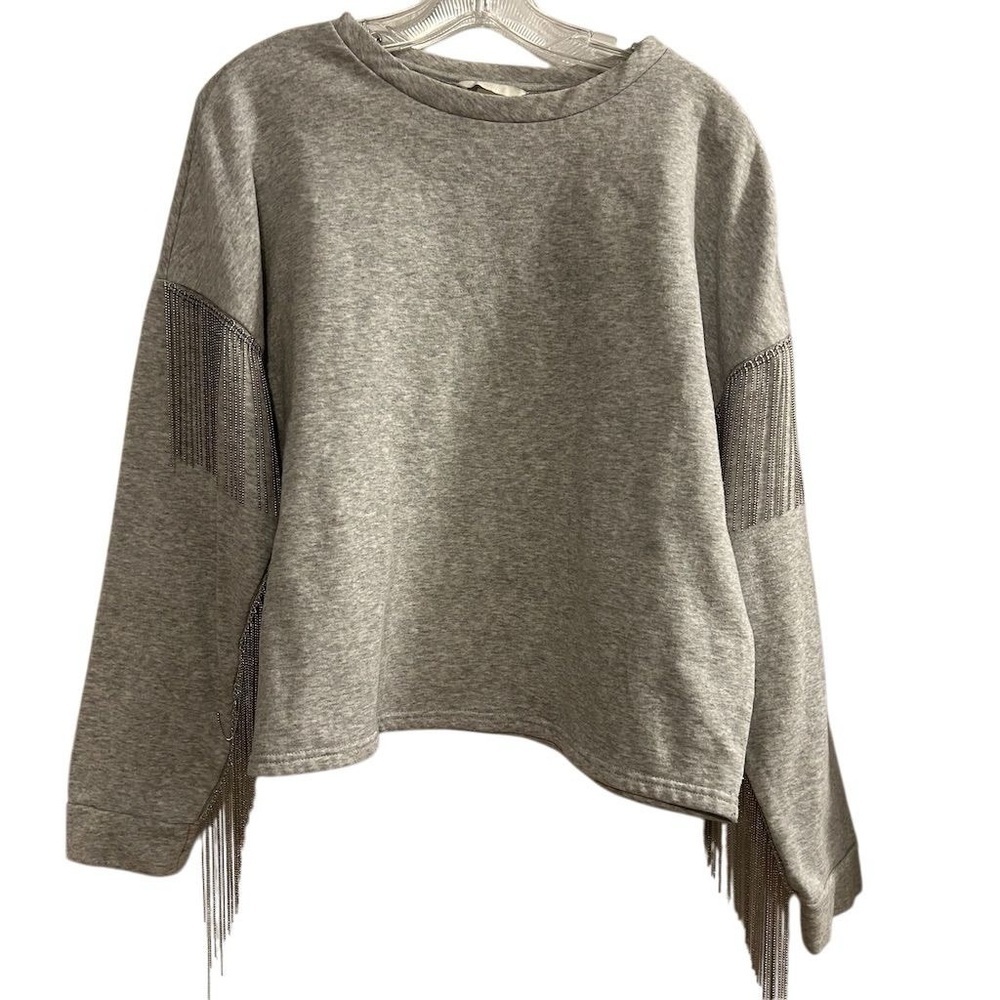 H&M Women's Gray Fringe Long Sleeve Blouse Size M‎ Casual Top